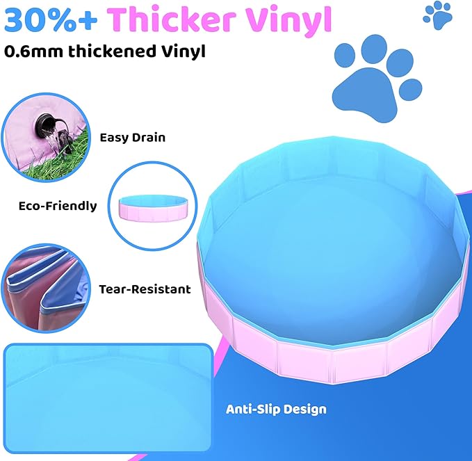 CACSPS 2025 Updated Foldable Dog Pool, 39.5" x 12" Kiddie Pool with Hard Plastic, Non-Slip Dog Bath Tub for Outdoor Backyard, Collapsible Dog Swimming Pool for Kids Dogs Pets (Pink)