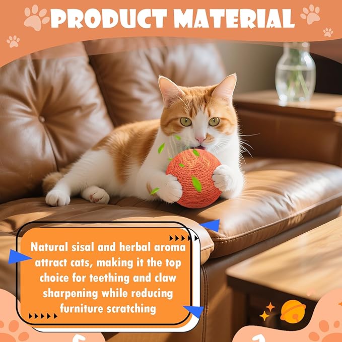 3.94 inch Sisal Cat Ball Toy, Interactive Natural Cat Scratching Ball, Perfect Scratcher for Cats' Exercise and Fun (Orange)