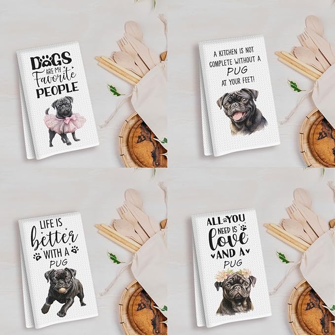4Pcs Cute Black Pug Kitchen Towels 24x14 Inch, Black Pug Gifts for Woman Mom, Reusable Waffle Weave Microfiber Absorbent Hand Tea Dish Towels for Kitchen Bathroom Home Decor, Dog Lovers Gifts
