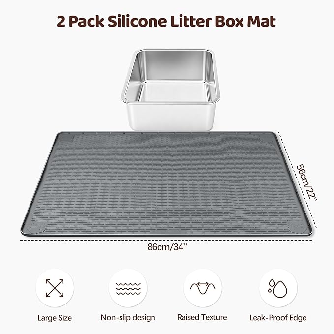 Cat Litter Mat, 2 Pack Large 34" x 22" Silicone Mat Litter Trapping Mat for Scatter Control, Soft on Kitty Paws, Easy to Clean (Dark Grey)