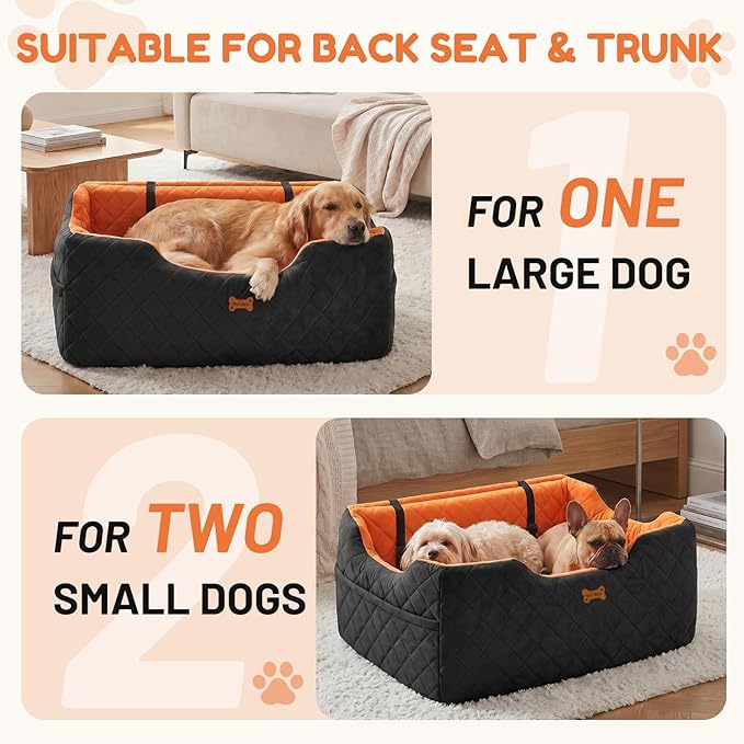 Dog Car Seat for Large Medium Dogs - Foam Dog Booster Seats up to 55 lbs, High-Depth Car Pet Seat with Storage/2 Safety Leash, Portable Travel Pet Bed for Cars, 2in, Black