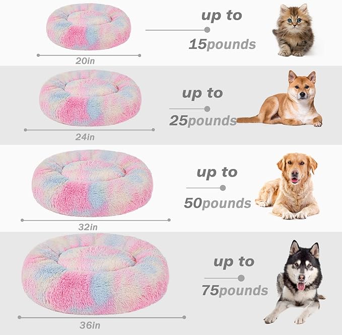Patas Lague Calming Dog Bed for Medium Dogs, Fluffy Soft Cozy Cat Bed, Faux Fur Anti-Anxiety Plush Washable Pet Donut Cuddler for All Seasons 24IN, Mixed Rainbow
