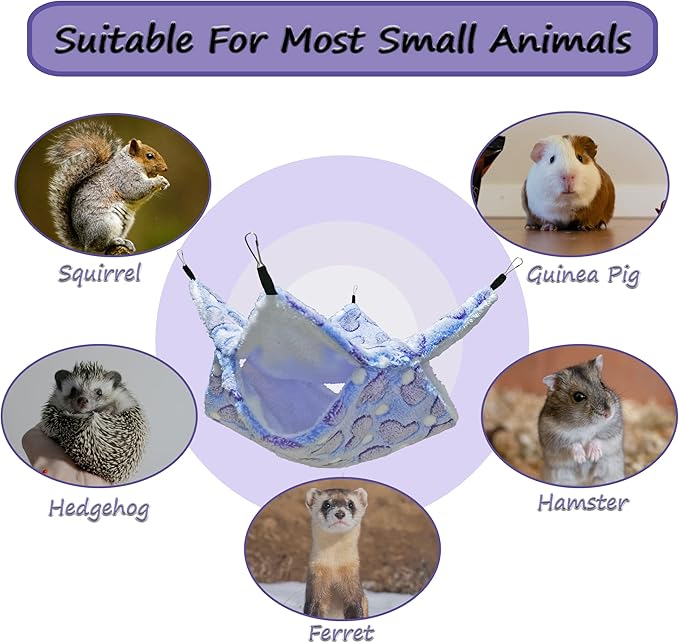 Guinea Pig Ferret Hammock for Cage - Machine Washable Double-Decker Hanging Bed - Fits Sugar Glider,Fancy Rat,Hamster,Gerbil - 13.3" x 13.3" - Love Purple Pattern