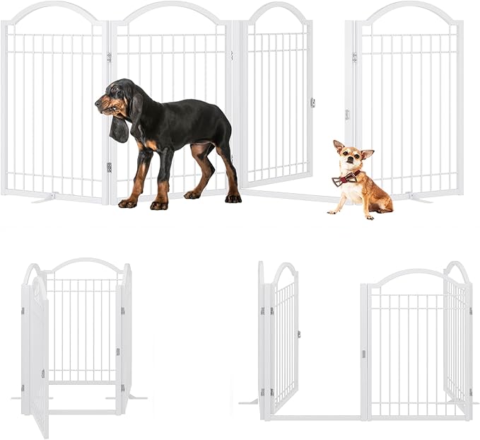 BHG Metal No-Assembly Freestanding Dog Gate with Door Walk Through, Extra Wide 96", Extra Tall 32" Pet Gate, Accordion Puppy Folding Playpen Dog Fence, with 2PCS Support (White, 4 Panels)