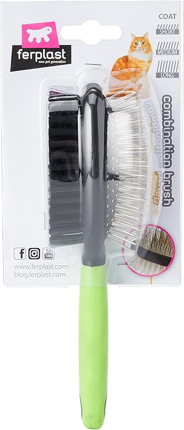 Ferplast Combination brush for cats GRO 5798, Delicate rounded tips, Soft bristles, Ideal for short, medium and long-haired animals, 19,5 x 5,5 x h 5,5 cm