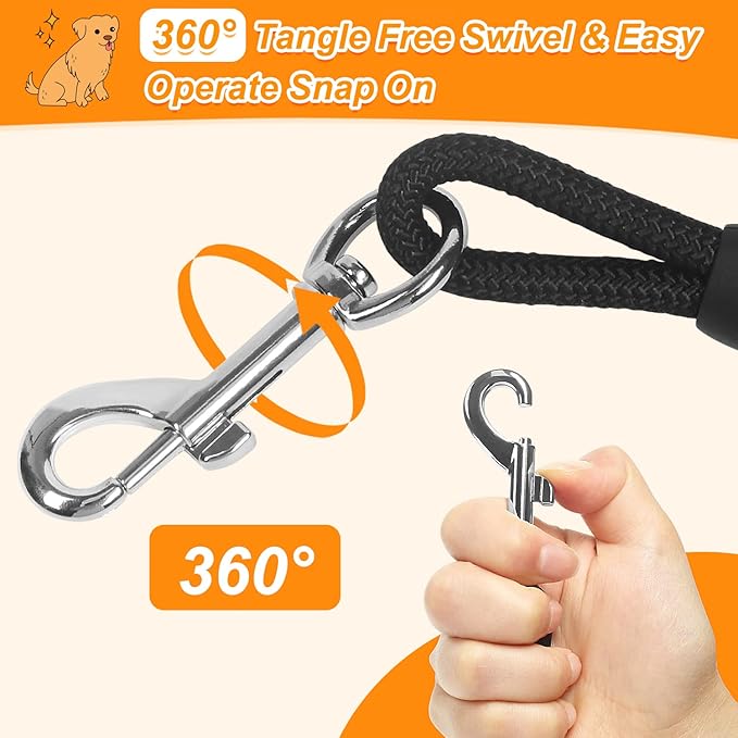 Vivifying Floating Long Dog Leash, 20ft Dog Training Leash, Check Cord Rope Lead with Comfortable Handle for Outside, Hiking, Swimming, Beach and Lake (Black)