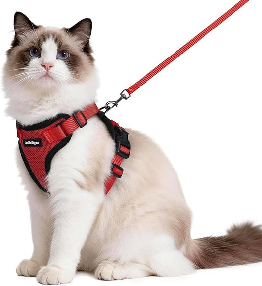 rabbitgoo Cat Harness and Leash Set, Escape Proof Vest Harness for Safe Outdoor Walks, Soft Breathable Adjustable Vest with Reflective Strips for Average to Large Cats, Red, M