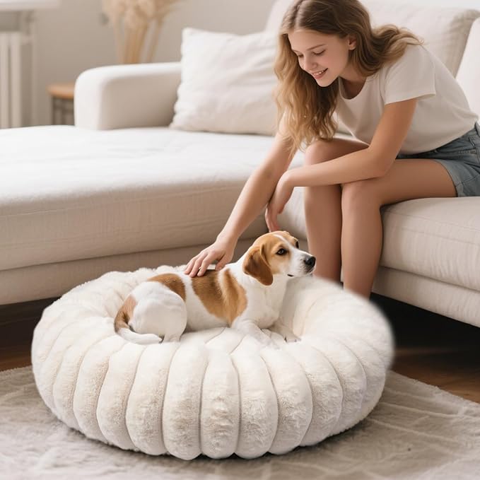 Donut Dog and Cat Bed, Luxurious Comfortable Faux Rabbit Fur Pet Beds, Round Anti-Anxiety Calming Puppy Kitten Bed with Anti-Slip Bottom for Small Medium Dogs & Cats(31", White)