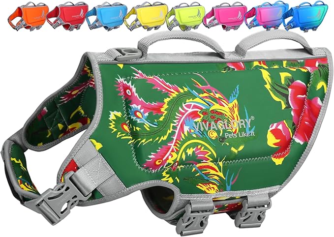 VIVAGLORY High Buoyancy Dog Life Vest, Swimming Vest with Handle, Dog Life Jacket for Swimming & Boating, Buoyancy for Puppy Doggy, XL, Northeast Florals-Green