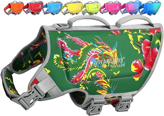 VIVAGLORY High Buoyancy Dog Life Vest, Swimming Vest with Handle, Dog Life Jacket for Swimming & Boating, Buoyancy for Puppy Doggy, XL, Northeast Florals-Green