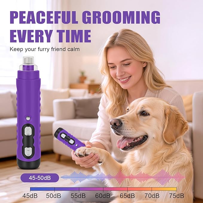 Dog Nail Grinder, 9-Speed Professional Quiet Electric Trimmer for Large Medium Dogs, with Quick Sensor Guard, 2 LED Lights, 2000mAh USB Rechargeable (Purple)