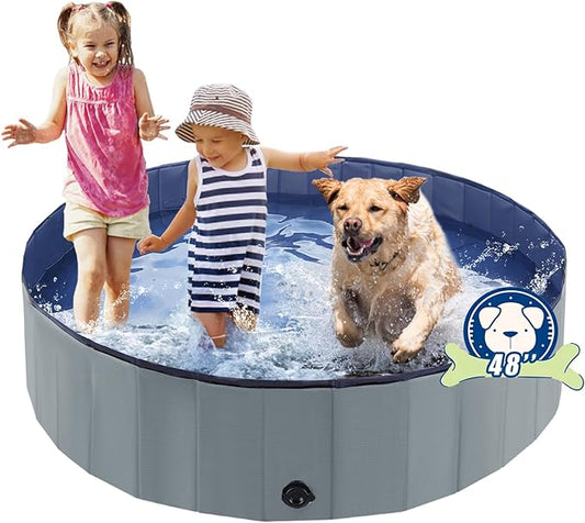 Eooqi Foldable Dog Pool, Portable Pet Bath Tub and Kiddie Swimming Pool, Collapsible Bathtub for Puppies, Small, Medium and Large Dogs, Cats and Kids, 48 x 12 in, Gray