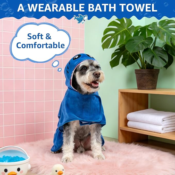 SCENEREAL Dog Bathrobe Fast Drying Towel Microfiber Dog Towel Robe with Hook and Loop Closure & Wrap Tie Snuggle, Super Absorbent Pet Cat Dog Bath Robe Drying Coat, Shark Hood M
