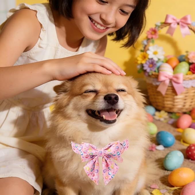 Easter Day Dog Collar with Bow, UP URARA PUP Easter Eggs Adjustable Pet Collar Bowtie with Metal Buckle, Colorful Eggs Cotton Dog Collars for Small Medium Large Dogs, M