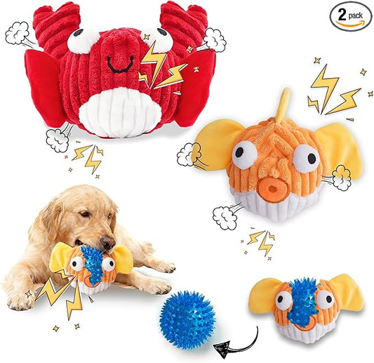 Squeak Dog Toys for Aggressive Chewers, No Stuffing Squeak Dog Chew Toys for Aggressive Chewers, Interactive Dog Toy Ball with Crinkle Paper for Medium Dogs, Large & Small Breeds (E-Crab+Fish)