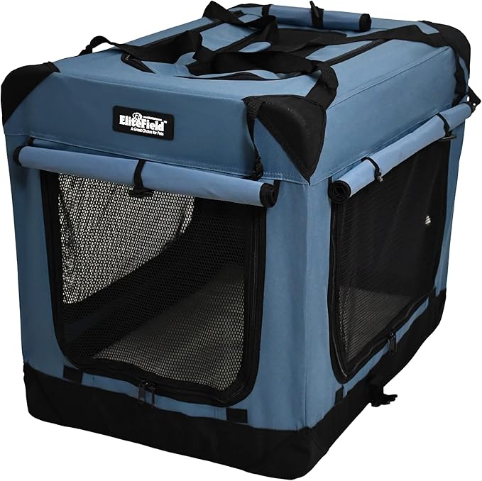 EliteField 4-Door Folding Soft Dog Crate with Curtains, Carrying Bag and Fleece Bed (2 Year Warranty), Indoor & Outdoor Pet Home (36" L x 24" W x 28" H, Blue Gray+4 Door Curtains)