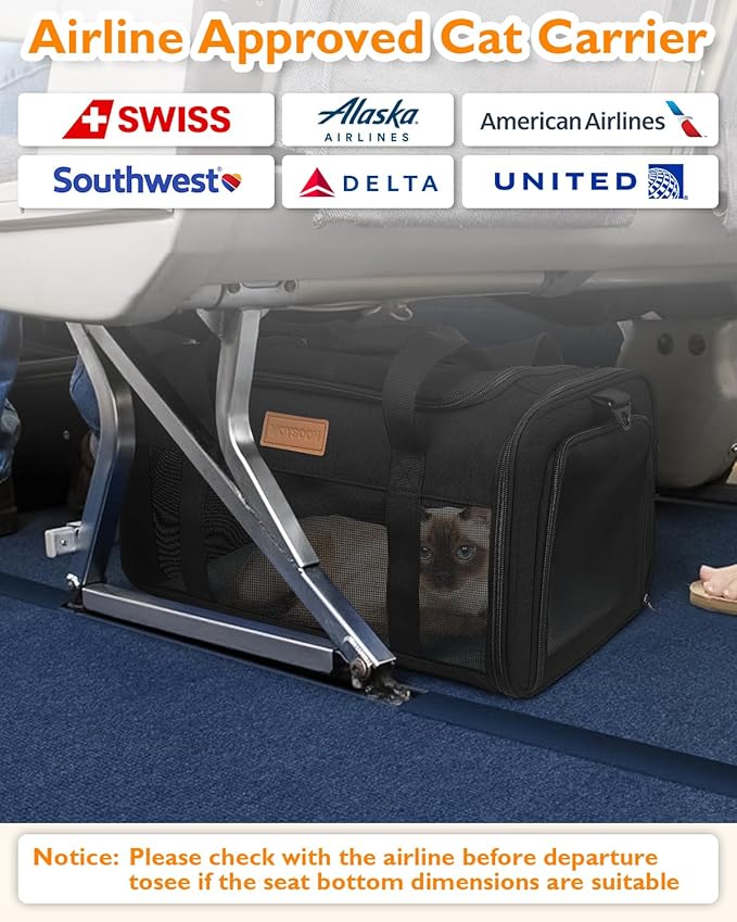 PETUX Airline Approved Pet Carrier - 17x11x9.5 in, Underseat, Top & Side Entry, Soft Sided Cat Carrier for Small Cat Up to 12 lbs with Breathable Anti-Scratch Mesh for Travel & Vet - Black