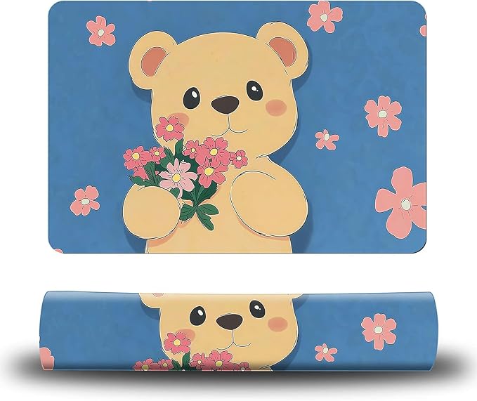 Dog Food Mat, 19.6" x 23.6" Absorbent Pet Feeding Mat for Food and Water, Waterproof Diatom Mud Pet Placemat with Non-Slip Rubber Backing, Easy Clean Cat Bowl Mat for Floors - Pink Flower Bear