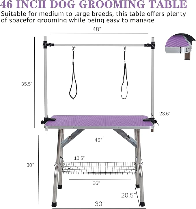 Professional Dog Pet Grooming Table Adjustable Heavy Duty Portable w/Arm & Noose & Mesh Tray (Purple, 46")