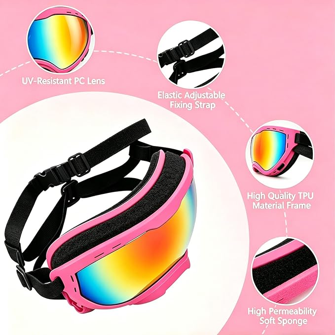 Dog Goggles for Medium to Large Breeds, UV Protection Dog Sunglasses with Colored PC Lens, Soft TPU Frame and Adjustable Straps, Windproof Dustproof Anti-Fog Pet Eyewear for Outdoor Activities (Pink)