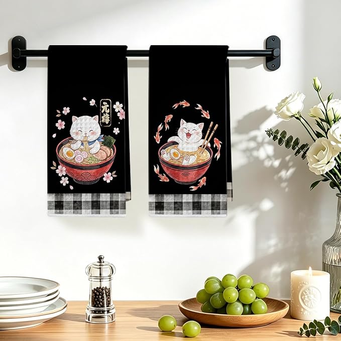 2 Pcs Funny Japanese Cat Eating Ramen Kitchen Towels 24x14 Inch, Japanese Reusable Dish Towels for Kitchen Bathroom Decor, Waffle Weave Absorbent Tea Towel, Cute Cat Lover Gifts for Women Mom Friend