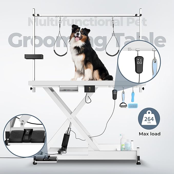 SoarFlash 49.6” Electric Lift Pet Dog Grooming Table,Heavy Duty Electric Grooming Table for Dogs&Cats,Heavy Duty Height Adjustable with Overhead Arm, Clamps, Two Grooming Noose