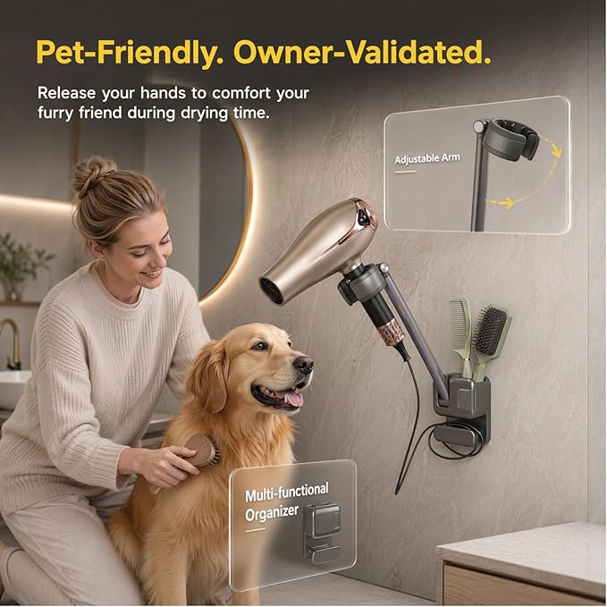 Hands Free Hair Dryer Holder Wall Mount, No Drill Installation, Damage-Free Wall, Adjustable Arm, With Cord Storage，Storage Slot，For Home & Hotel Bathroom, Bedroom Vanity, Fits Most Hair Dryers (Gray)