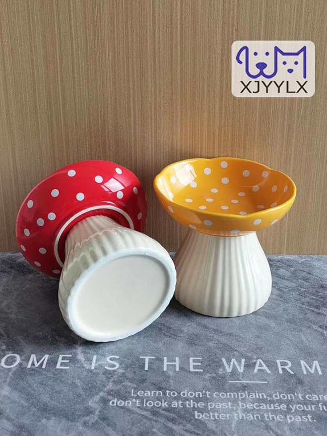 Mushroom Elevated Cat Bowls Ceramic, Raised Cat Bowl for Indoor Cats, Cute Cat Bowls Whisker Fatigue, Raised Dog Bowls Stand for Food and Water, Yellow 6" Wide for Adult Cats
