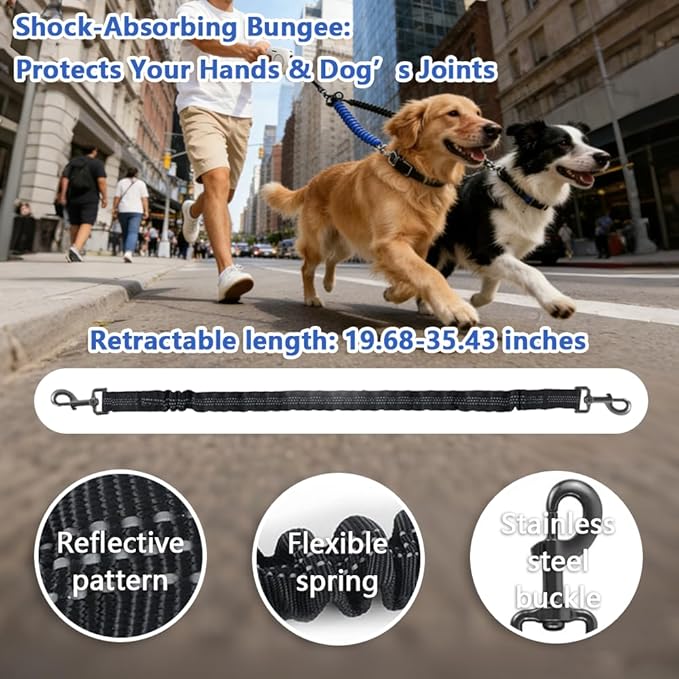 16.4ft Dual Retractable Dog Leash for Medium Dogs 35–55 lbs, USB Rechargeable LED Light, 360° Tangle-Free, Detachable Front Lead & Emergency Ready, Reflective Elastic(Black)