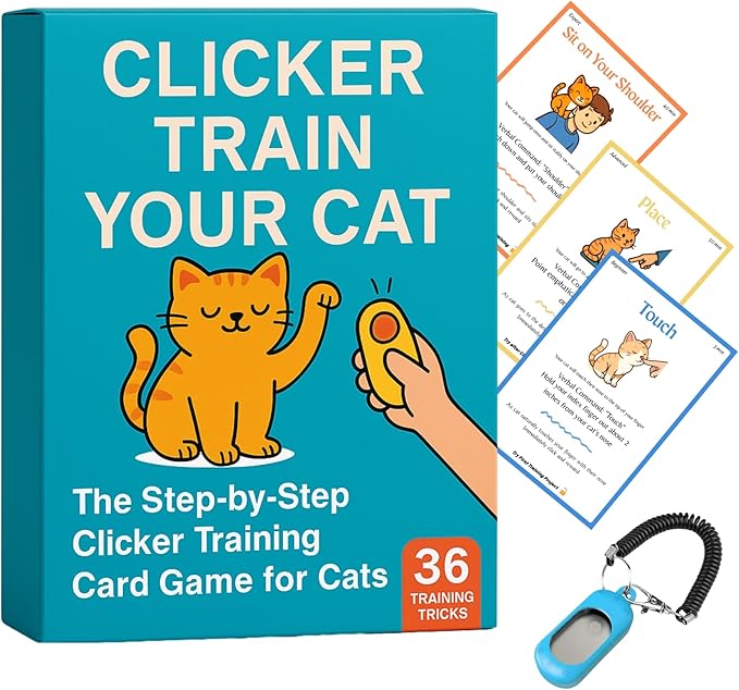 Cat Clicker Training Kit with 36 Trick Cards - Complete Set Includes Pet Clicker & Progress Chart for Fun, Bonding, and Positive Behavior Training in Cats & Kittens