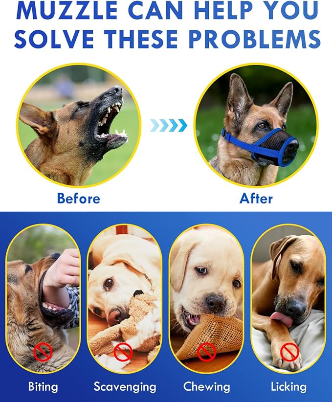 Dog Muzzle, Soft Air Mesh Muzzles for Large Sized Dogs, Breathable Dog Mussels for Scavenging Biting Licking & Barking, Adjustable Mouth Guard for Grooming, Allows Panting and Drinking (Blue,L)