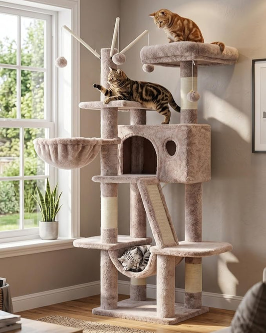 Hey-brother Cat Tree, 53 inch Cat Tower for Indoor Cats, Cat House with Padded Platform Bed, Toy Balls, Large Cozy Condo, Hammocks and Sisal Scratching Posts, Muchroom MPJ019-SMU