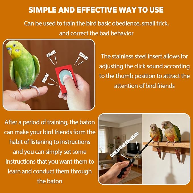 Parrot Training Clicker with Target Stick, Getting Started Bird Clicker Training Kit, All Bird Breeds Training Stick Foster Discipline and Behavior Training, for Parrots Birds Lovers