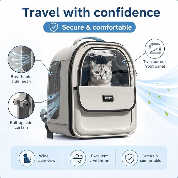 Cat Backpack Carrier for Cats and Small Dogs, Airline-Friendly Pet Carrier Backpack with Clear Window, Breathable Mesh, Soft Sided Foldable Cat Bag, Dog Backpack Carrier for Travel Vet Hiking
