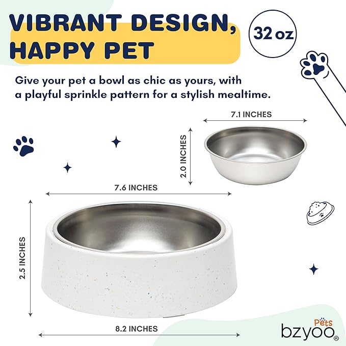 bzyoo 32oz 4CUP Dog & Cat Bowl, Sprinkle Design, Hygienic 304 Stainless Steel Pet Bowl with Removable Inner Bowl, Non-Slip Silicone Base, Dishwasher Safe, for Dry/Wet/Raw Food & Water (White)