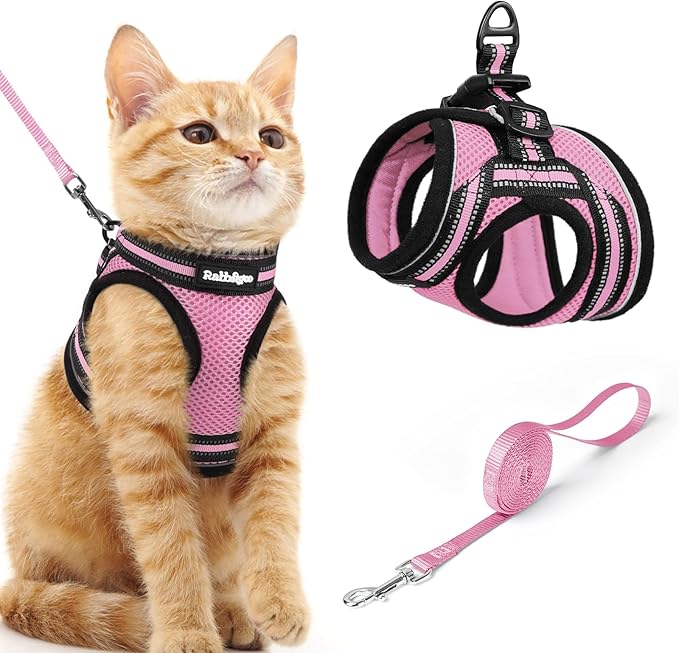 rabbitgoo Cat Harness and Leash, Step-in Escape Proof Kitten Harness Set, Soft Comfortable Cat Vest, Easy to Wear and Adjust, Reflective for Safe Outdoor Walking, Pink, Medium