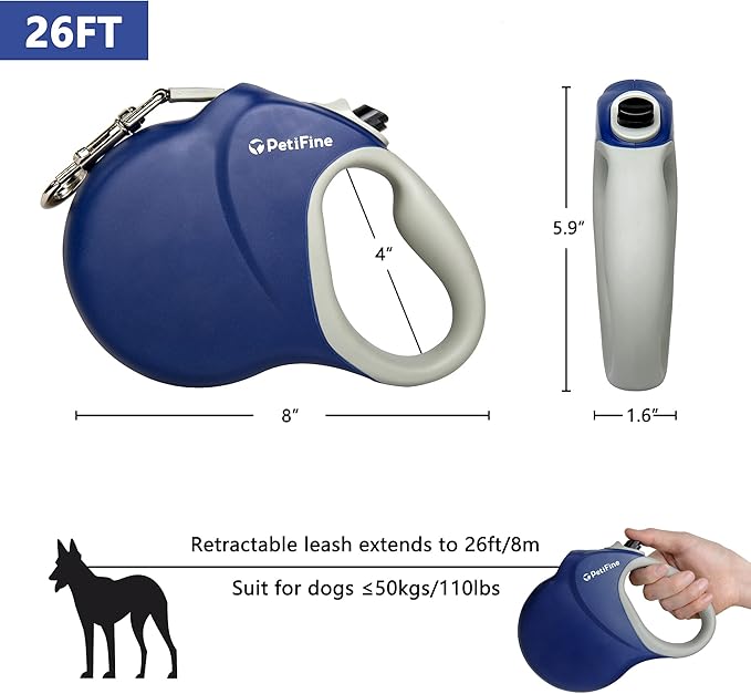 PetiFine 26ft/8m Heavy Duty Retractable Dog Leash for Large Dogs,Strong Extendable Dog Leash Up to 110 lbs, Reflective Nylon Tape Tangle Free (Blue)