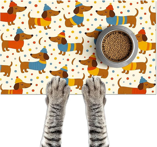 HOMETITUTE Adorable Dachshund Puppy Pet Food Mat with Colorful Polka Dot Pattern Pet Bowl Mat for Dogs and Cats Non Slip Feeding Mats Easy Clean Fast Dry Cat and Dog Feedings Mats 20" x 12"