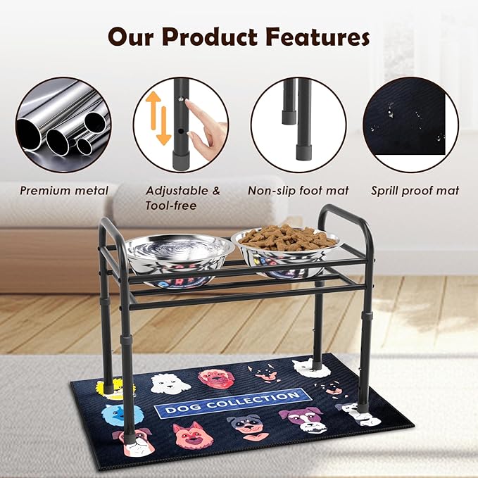 ADENGL Elevated Dog Bowls for Large Dogs – 4 Height Adjustable Raised Stand with 2×1600ML Stainless Steel Bowls & Non-Slip Mat, Heavy-Duty Metal Frame Dog Feeder for Indoor & Outdoor Use