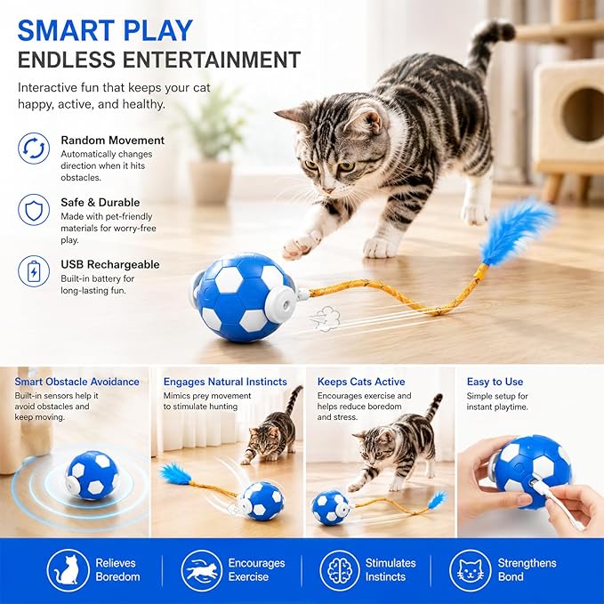 Interactive Cat Toys with Feather Tail, 3 in 1 Automatic Moving Cat Ball, USB Rechargeable Smart Rolling Pet Toy with Obstacle Avoidance for Indoor Cats, Kittens & Small Dogs