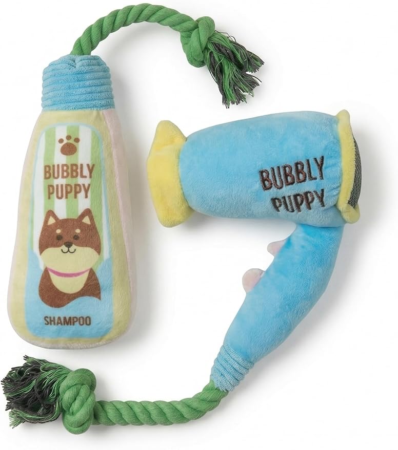 2-Pack Funny Squeaky Dog Toy Bundle - Cute Shampoo Bottle & Hair Dryer Plush Set - Interactive Spa Themed Soft Stuffed Toys for Puppies, Small & Medium Dogs - Dog Enrichment & Gift Set