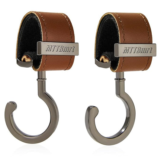 2 Pack Stroller Hooks,Strong Synthetic Leather Hook-and-Loop Fastener&High-Quality Metal Hooks,Universal Bag Clip|360° Rotation, 66lb Capacity,Non-Slip-Fits Wheelchair(Brown-Silver Gray)