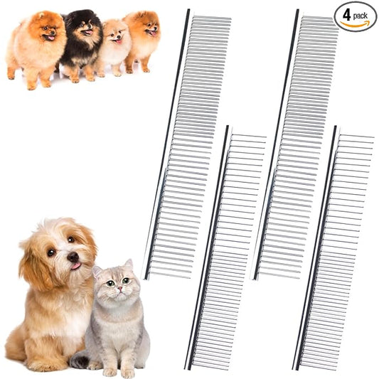 4 PCS Stainless-Steel Comb Dog Combs for Knots, Mats & Loose Hair Removal - Effective Dematting Tool, Comfortable, Lightweight, Portable & Safe for Dogs, Cats & Pets