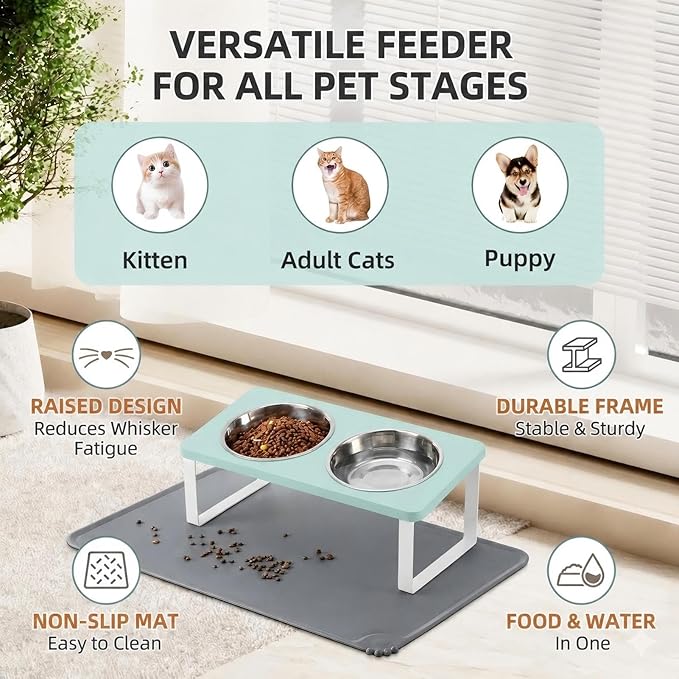 Upgraded Elevated Cat Bowls with Food Mat,15°Tilted Stand Anti Vomiting Raised Cat Dishes for Food and Water,2 Stainless Steel Bowls for Cats and Puppy（Teal）