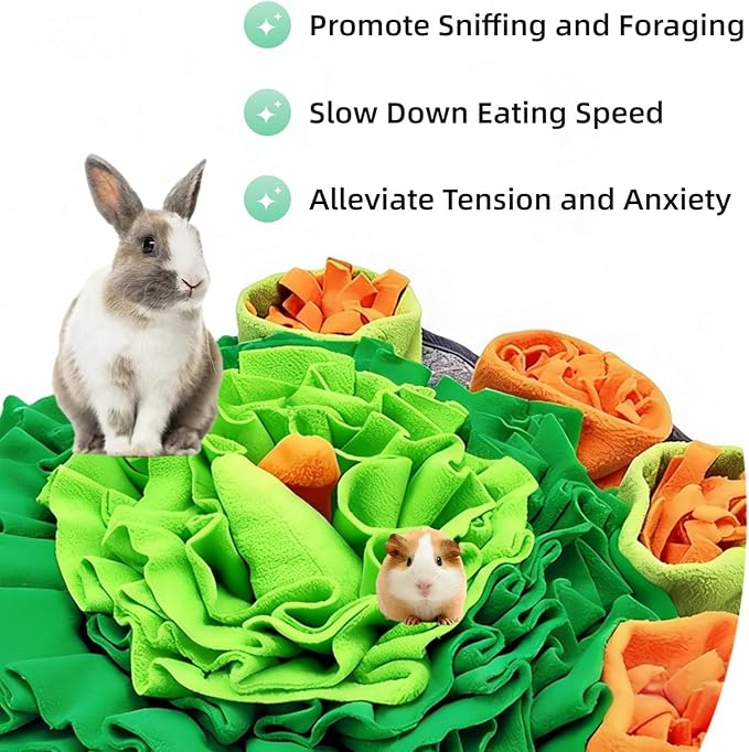 Rabbit Foraging Mat Snuffle Toy for Bunnies – Interactive Enrichment Puzzle Mat for Small Pets – Guinea Pig, Hamster, Chinchilla, Puppy – Indoor Pet Supplies for Chew, Feeding – Machine Washable 17"