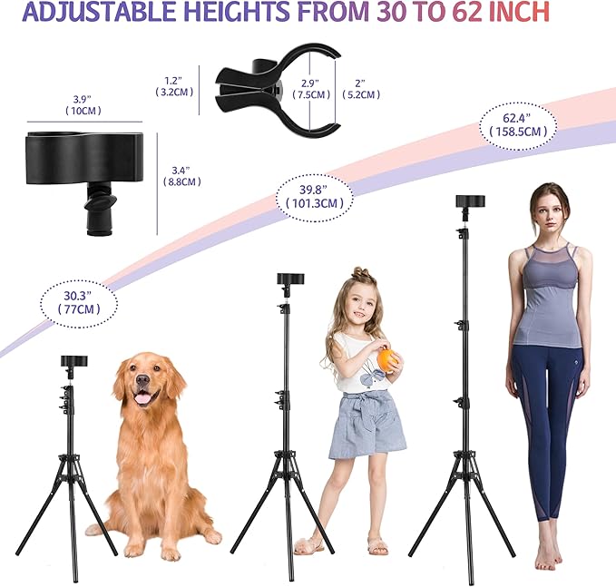 Hands-Free Hair Dryer Stand for Home Blow Drying, DIY Styling, Salon&Live Streaming Ideal for Long Hair Women Busy Moms People with Arm Shoulder Pain 30-62 Inch Adjustable Height Tripod, 360° Rotation