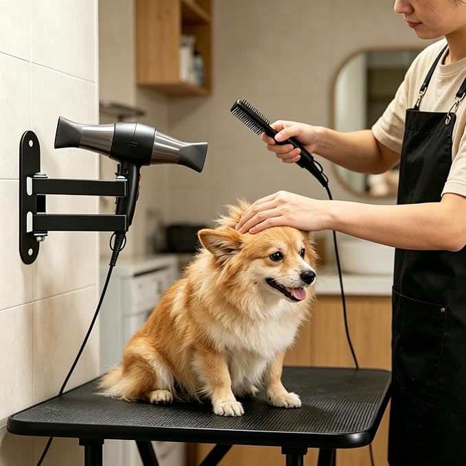 Pet Hair Dryer Wall Mount Stand Hose Tube Holder: Hands-Free Adjustable & Foldable Metal Arm Bracket with Universal Clamp for Dog Cat Grooming, Home & Professional Use