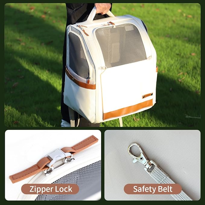 Large Cat Carrier Backpack, Shaded Small Dog Backpack with Breathable Mesh, Soft Side Safety Pet Backpack for Hiking, Travel, Outdoor, White
