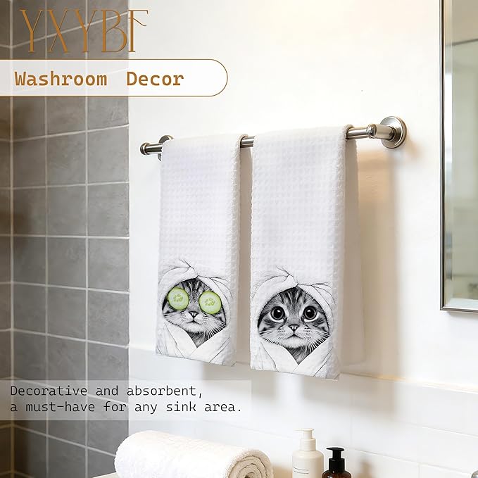 Funny Tabby Cat Hand Towels for Bathroom Powder Room Spa Decor 16x24 Inches, Cat Mom Lady Gifts, Black and White Bathrobe Kitten Bathroom Towels Decorative, Set of 2
