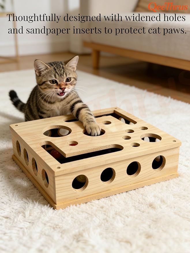 Cat Nail File Scratcher Puzzle Box, Wooden Claw Saver Maze with Built-in Sandpaper for Clipper-Free Claw Care, Treat Enrichment Toy for Indoor Cats